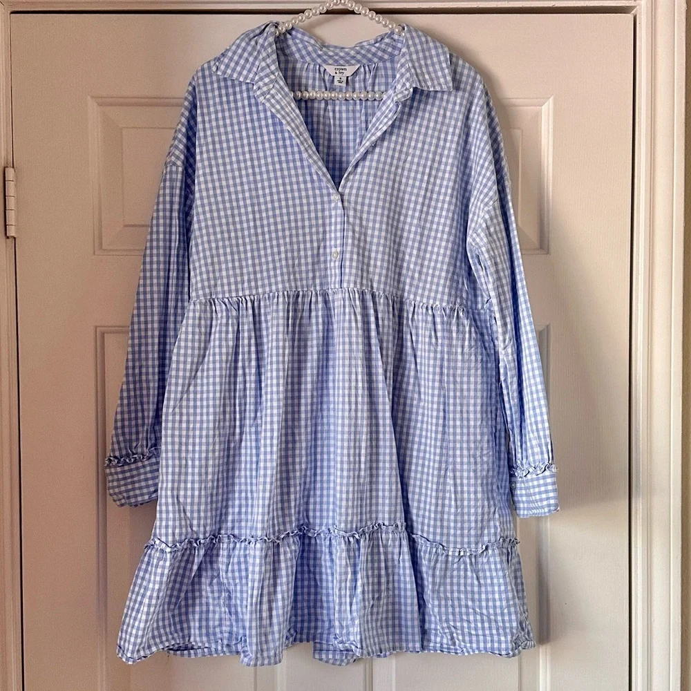 Crown & Ivy Gingham Blue & White Ruffle Dress - Picture 1 of 10